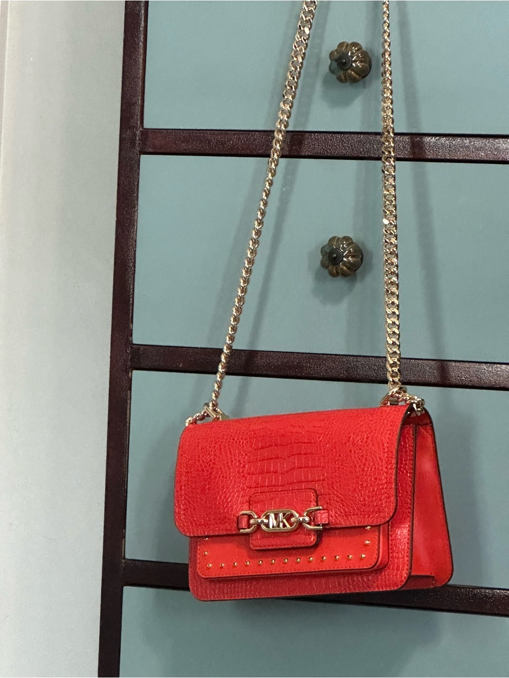 Michael Kors Red Croc-Texture Crossbody with Gold Chain